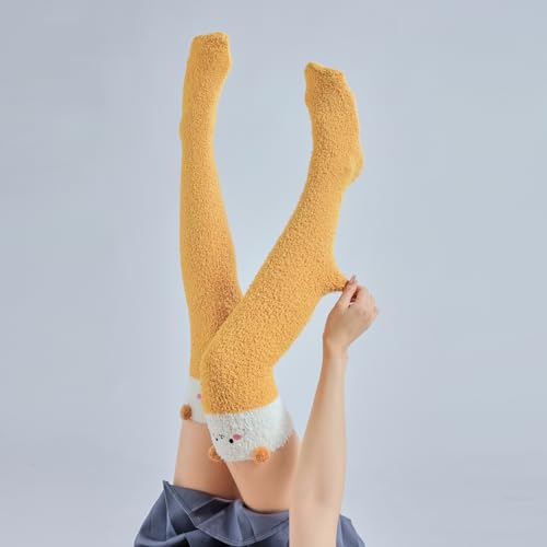 Image of Thigh High Fuzzy Socks Cute Animal Coral Fleece Over the Knee Thigh High Long Stockings Warm Stripe