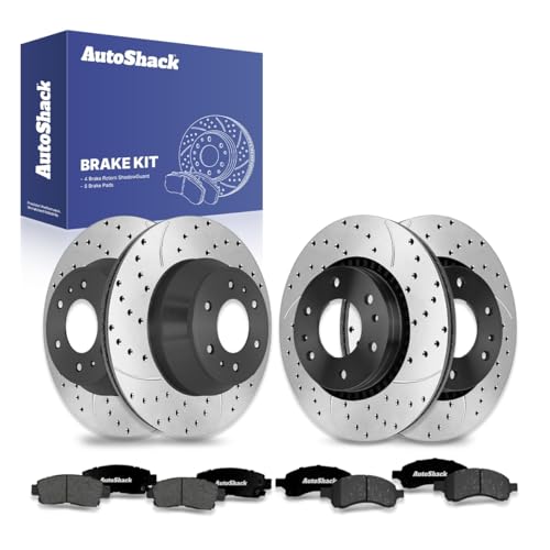 AutoShack Front & Rear Drilled & Slotted Brake Rotors Premium Ceramic Brake Pads Replacement for Chevrolet Trailblazer GMC Envoy Buick Rainier 4WD E-Coated 12-PC Brake Kit ShadowGuard