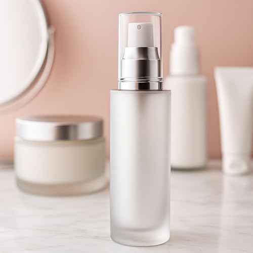 3Packs Transparent Cosmetic Container Jar Vials with Silver Cap Empty Refillable Frosted Glass Pump Bottles Travel Glass Lotion Bottle For Cosmetics, Lotion, Body Cream, Sanitizers, Cream 2oz4