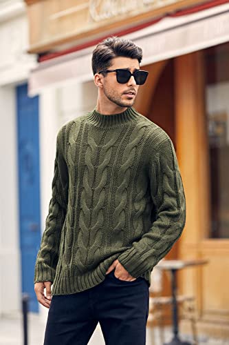Karlywindow Mens Cable Knit Pullover Sweaters Turtleneck Loose Fit Long Sleeve Chunky Winter Pullovers Army Green #TOP2