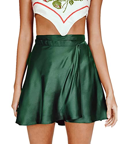 Cresay Women's Chiffon Satin High Waist Ruffle Tie Knot Overlap Skater Mini Wrap Short Skirt-Green-S