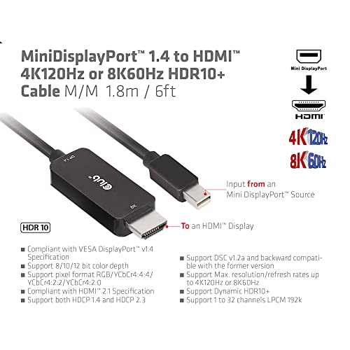 Club 3D CAC-1187 MiniDisplayPort™ 1.4 to HDMI™ 4K120Hz or 8K60Hz HDR10+ Cable 1.8 m M/M, Black - Image 4