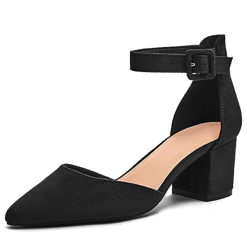Womens Heeled Ankle Buckle Block Pointed Toe Cut Out Pumps Sandals Black Suede