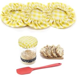 Sourdough Jar Cover, Reusable Sourdough Cloth Cover, 3pc Handmade Cotton Cloth Covers for Sourdough Starter Jar Sourdough Bread Baking Supplies Fit Jars Mouth from 3-4 Inch Yellow Plaid