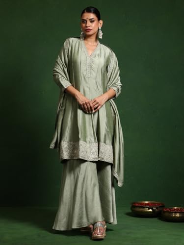Varanga Women Zari & Sequin Embroidery Neck Flared Anarkali With Sharara And Dupatta