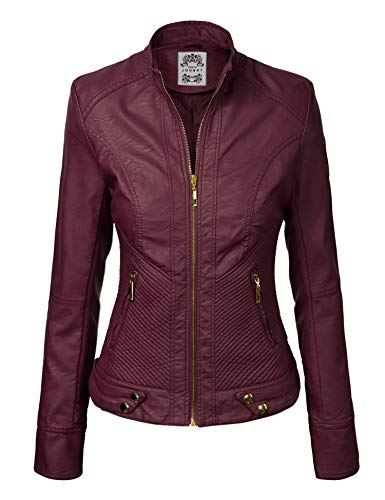 Made By Johnny MBJ WJC747 Womens Dressy Vegan Leather Biker Jacket M Wine
