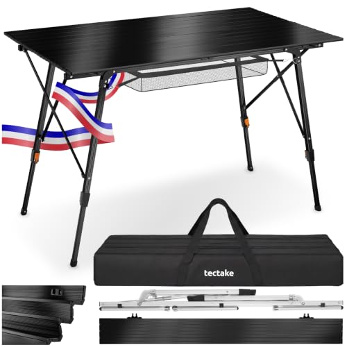 tectake® Table Pliante 120 x 70,5 x 58–79 cm, Réglable en Hauteur, Résistante aux intempéries, Table de Camping Pliable en Aluminium, Filet de Rangement...