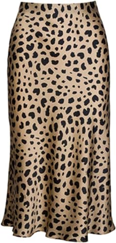 Image of LLECDASEUI Women Leopard Print Skirt High Waist Hidden Elasticized Waistband Satin Silky Work Midi Skirts (Leopard Print,M)
