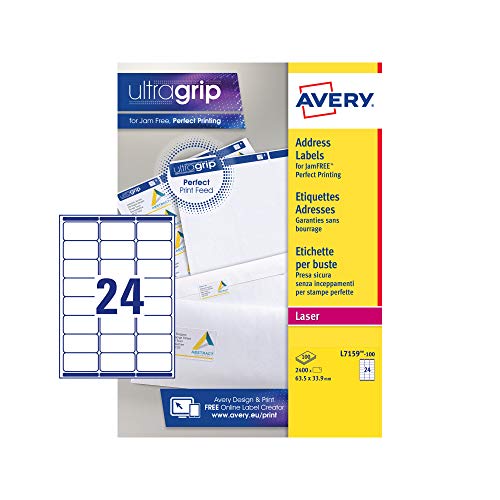Avery Jamfree, Printable, Address Labels, Customisable, 63.5 X 33.9 Mm, White, 24 Labels Per Sheet, 2400 Blank Labels Per Pack (L7159-100)