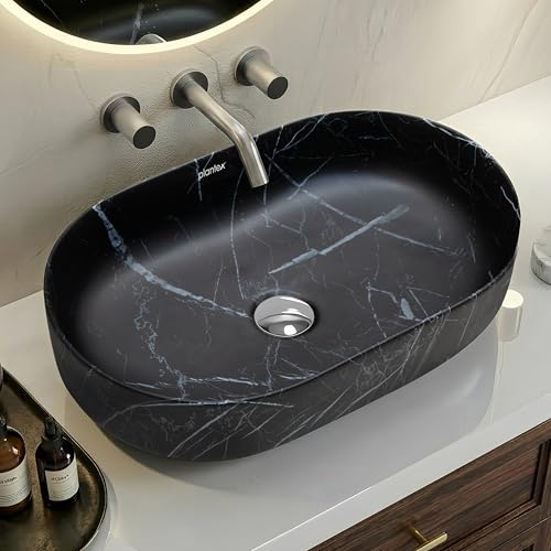 Image of Plantex Ceramic Black Washbasin /Oval Tabletop Hand Wash Basin for Bathroom /Designer Washbasin Sink for Home /Office (22x13.5x6 Inch - Marble Finish)