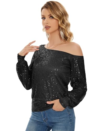 Genhoo Long Sleeve Sequin Tops for Women Off The Shoulder Glitter Sparkly Tops Dressy Party Shirts for Holiday Evening Party2