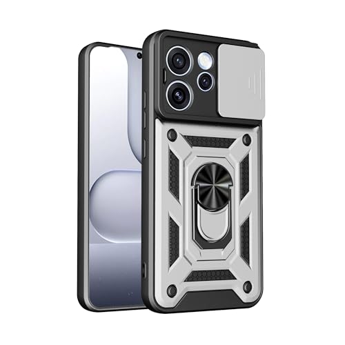 Lucyliy Compatible with Oppo Reno 15 5G Phone Case [Shockproof Design][Magnetic Stand, Sliding Window for Lens] Silvery