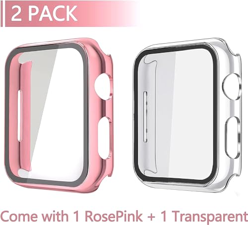 Image of Misxi 2 Pack Hard PC Case with Tempered Glass Screen Protector Compatible with Apple Watch SE 3 (2025) SE 2 SE Series 6 Series 5 Series 4 44mm, 1 Rose Pink + 1 Transparent