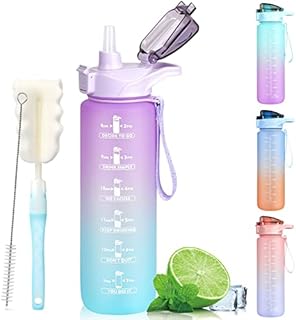 Motivational Water Bottles 1L BPA Free, Sport Drinks Jug with Time Marking & Lock Cover, Leak Proof Water Bottle with Straw and Brush, Portable Strap Blue Water Bottle with Brush
