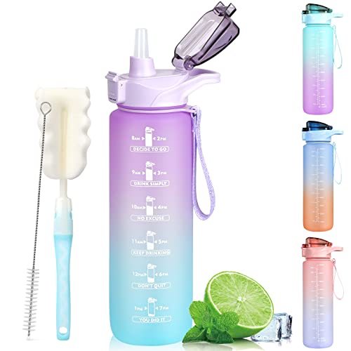 Motiverande vattenflaskor, 1 l BPA-fri, sportdryckeskanna med tidsmärkning och låsskydd, läckagesäker vattenflaska med sugrör och borste, bärbar rem, blå vattenflaska med borste