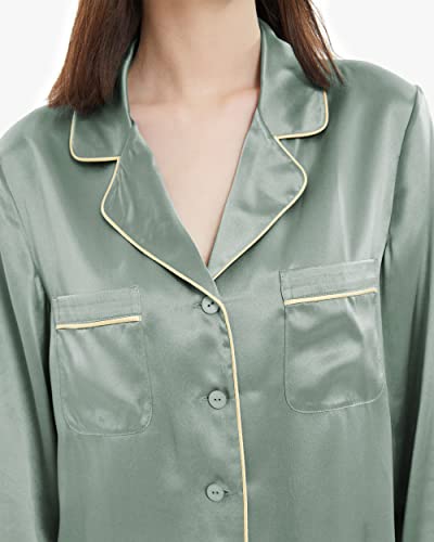 Lilysilk Silk Pajamas For Women Gold Piping 22 Momme Pure 100% Mulberry Silk Pajama Set For Ladies Washable Silk Sleepwear 2Pc Avocado Green Large #TOP6