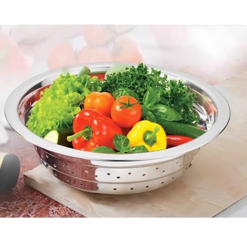 Image of Rakesh Gold Stainless Steel Colander & Strainer for Kitchen Use - Multi-Use Channi /Steel Chalni with Holes for Washing Rice, Fruits, Vegetables & Wheat (Regular Size) (Regular Size, Colander)