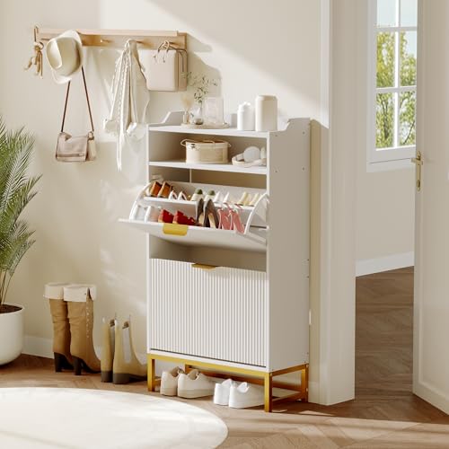 GarveeHome Fluted Shoe Cabinet Storage for Entryway, Wood Shoe Rack with 2 Flip Drawers and Open Shelf, Modern Entryway Organizer for Foyer, Hallway, Entrance, White