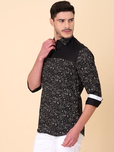 Image of Men's Slim Fit Printed Cotton Party Shirt Black