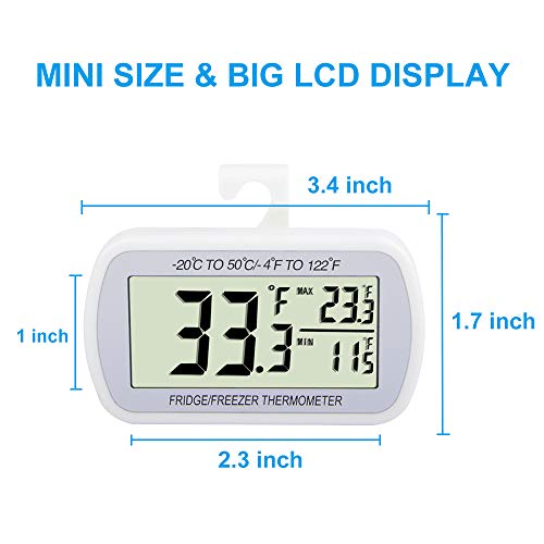 Waterproof Refrigerator Fridge Thermometer, Digital Freezer Room Thermometer , Max/Min Record Function Large LCD Screen and Magnetic Back for Kitchen, Home, Restaurants (2 Pack)