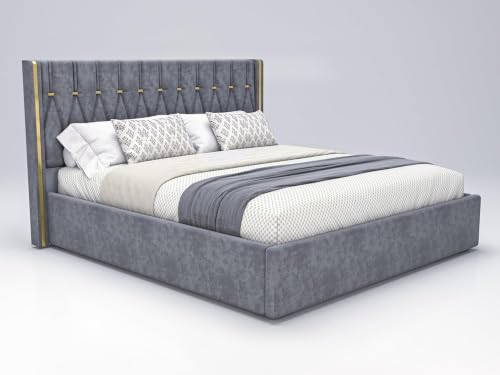 Image of Modern Upholstered King Size Bed with Box Storage for Bedroom | Wooden Double Bed with Storage | Platform Cot Bed with Upholstery Premium Fabric | Solid Sheesham Wood, (Grey), 6.5 x 6 Ft