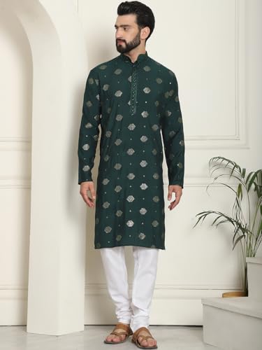 Image of SOJANYA (Since 1958 Men's Cotton Silk Sequinned Embroidered Kurta with White Pyjama