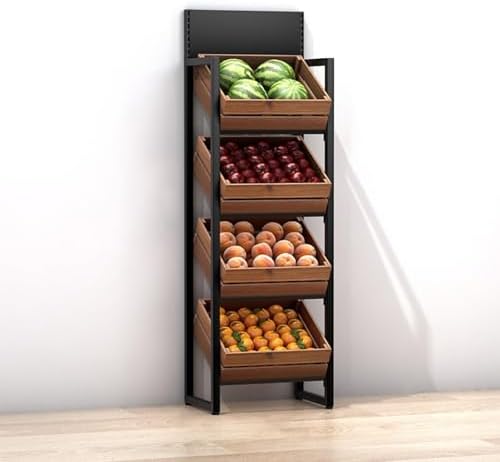 Large Capacity Supermarket Fruit Vegetable Shelf, Retail Snack Rack Display with Wooden Baskets for Kitchen Storage, Commercial Grade Organizer for Groceries and Produce
