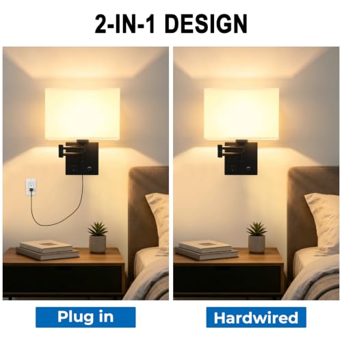 Image of Plug in Wall Lamp for Living Room Bedroom Bedside, Bulb Included | Wall Sconce with USB C+A Charging Ports, Adjustable Swing Arm 270, Adjustable Color Temperature, White Square Lampshade