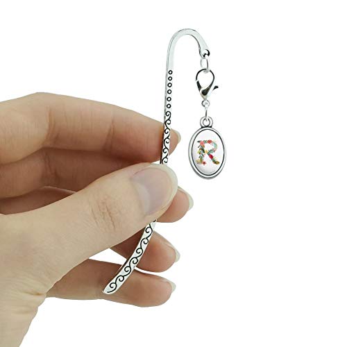 Letter R Floral Monogram Initial Metal Bookmark Page Marker With Oval Charm #TOP3