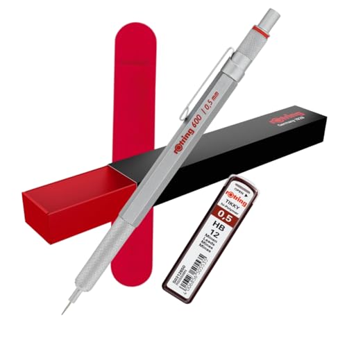 rOtring 600 Druckbleistifte & Samthülle & 12 Nachfüllminen | 0,5 mm | Silberner Ganzmetallkörper Drehbleistift | Rutschfester gerändelter Griff & sechseckiger Schaft