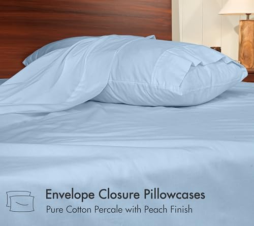 Image of RUVANTI 100% Cotton Percale Sheets California King - Crisp Cooling Summer Bed Sheets for Hot Sleepers, Deep Pocket 12 inch, Soft Peach Finish, Breathable & Durable Hotel-Style 4 Piece Set, Sky Blue