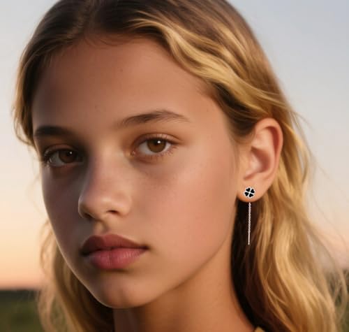 Reffeer Solid 925 Sterling Silver Leaf Clover Dangle Earrings Chain for Women Teens Girls Black Leaf Tassel Drop Earrings Threader St. Patricks Earrings (A-Silver)3