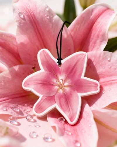 Image of Car Air Freshener 5-Pack, Hanging Red and Pink Floral Designs, 5 Scents | 5 flower-shaped designs with black cords; approx. 3 x 3.2 in, 3 mm thick; jasmine, hyacinth, sea, freesia and bluebell scents