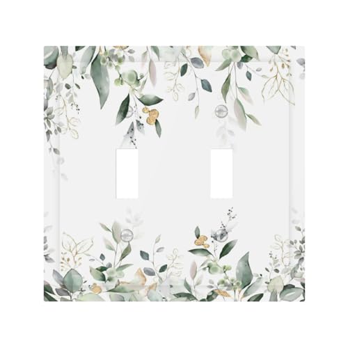 Decorative Switch Plate Covers Rustic Ink Green Eucalyptus Leaves Sage leaf 2 Gang Light Switch Cover Plate Unique Double Toggle Wall Plate Light Switch Covers for Bedroom Home Decor