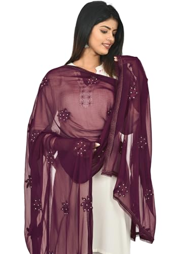 Image of YOUTHQUAKE Flower Embroidered Diamond Work Chiffon Dupatta for Womens & Girls With 4 Side Lace