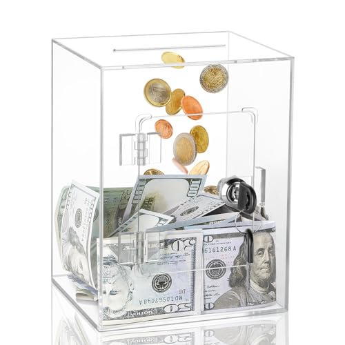 Clear Piggy Bank for Adults Kids, Large Acrylic Money Saving Box with Key, Openable Savings Jar for Cash