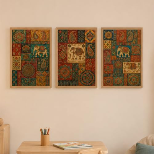 Livin'luxe Set of 3 Rajasthani Elephant Patchwork Wall Paintings for Living Room Bedroom Home Decor with Premium Wooden Color Synthetic Frame (13.5 x 19.5 Inch) NM03-63