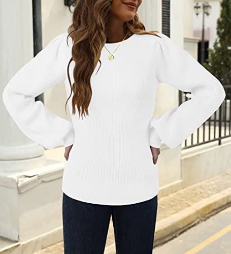 Tecrew Women's Puff Sleeve Crew Neck Pullover Sweater Casual Cozy Knit Slim Jumper Tops, White, Medium #TOP1
