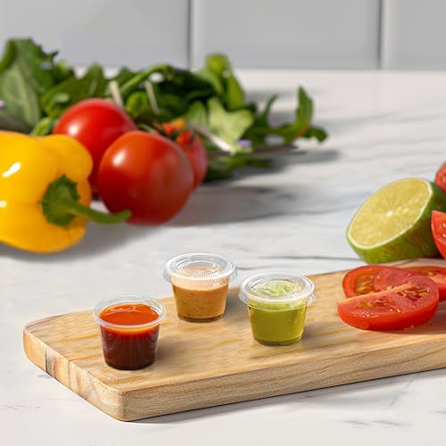 Image of TashiBox 400 Sets - 1 oz Portion Cups with Lids, Disposable Plastic Cups for Sauce,Portion Control, Salad Dressing, & Medicine, Small Plastic Condiment Container