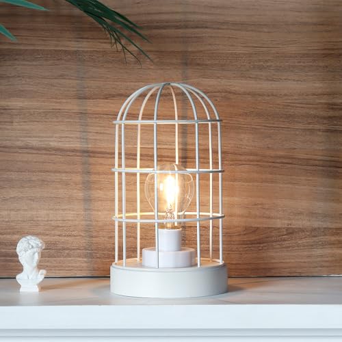 JHY DESIGN Battery Operated Lantern 25cm H Decorative Table Lamp Metal Cage Cordless Light with LED Bulb for Home Decor Living Room Bedroom Kitchen Wedding Patio (White) - Image 5