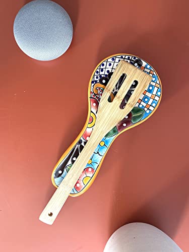 Colorful Ceramic Spoon Rest - Hand Painted Large Size Talavera Kitchen Utensil Holder For Counter Stove Top In Gift Box - Dishwasher Safe Lead Free Cooking Ladle Dish Mexican Style Cuchara Multicolor #TOP3