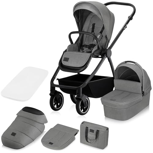 LIONELO MERIL Silla paseo bebe 2 en 1 0-48 meses Hasta 22 kg, Capazo XXL Hasta 9 kg, Ruedas grandes Todoterreno 360°, Respaldo Ajustable Posición Acostada Suspensión Total Capota XXL (Grey)