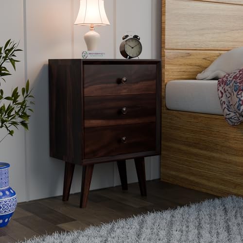 Image of Jangid Handicraft Solid Sheesham Wood Bedside Table for Bedroom | Wooden Bed Side Nightstand End Table with 3 Drawer Storage for Home & Living Room | Sofa Side Table | Rosewood, Walnut Finish