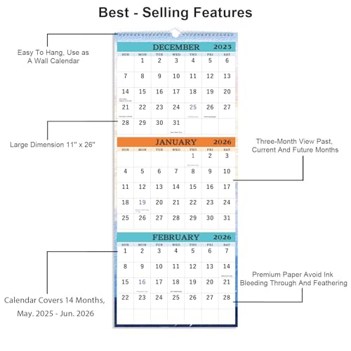 2025-2026 Wall Calendar - April 2025 - July 2026, 3-Month Display Vertical Calendar 2025-2026, Calendar Planner, 11" x 26", Large, Lay- Flat, Perfect for Your Busy Schedule - Thumbnail 3