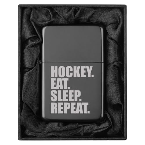 Encendedor en caja negra de seda con diseño Hockey Eat Sleep Repeat