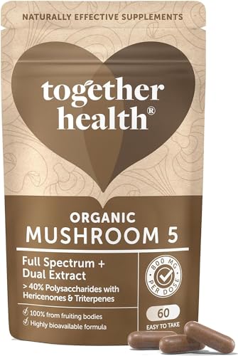 Together Complejo de hongos orgánicos 5 | Alta resistencia 10000 mg 20:1 doble extracto espectro completo | 100% cuerpos fructíferos | Garantizado 40% polisacáridos y 30% beta-glucanos, hericenonas |