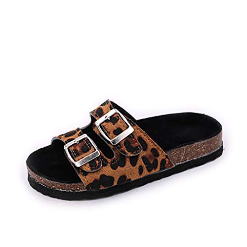 JXILY Frauen Doppel-Strap Buckle Sandalen Korksohle Open-Toe Hausschuhe Aus Wildleder Sandalen Mit Flachem Boden Beiläufiger Bequemer Pantoffel,Leopard Print,38 Cover