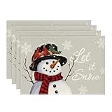 Artoid Mode Grey Silver Snowman Let It Snow Winter Placemats Set of 4, 12x18 Inch Christmas Table Mats for Party Kitchen Dining Decoration