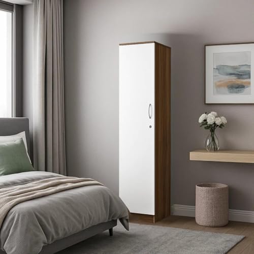 Image of Sonic Multipurpose 1-Door Wardrobe | Engineered Wood | 4 Spacious Shelves & Drawer | Lyon Teak & White Finish | Compact & Durable | Easy Knock-Down Assembly