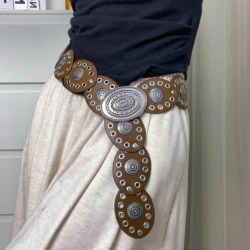 Talent Star Women Belt Round Buckle Wide Eyelets Faux Leather Adjustable Belt Exaggerated Round Shape Hollow Disc Waist Belt Coffee2